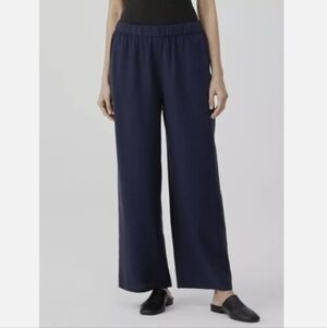 Eileen Fisher Navy & Black Micro Check Wide-leg High Rise Pull-on Pants